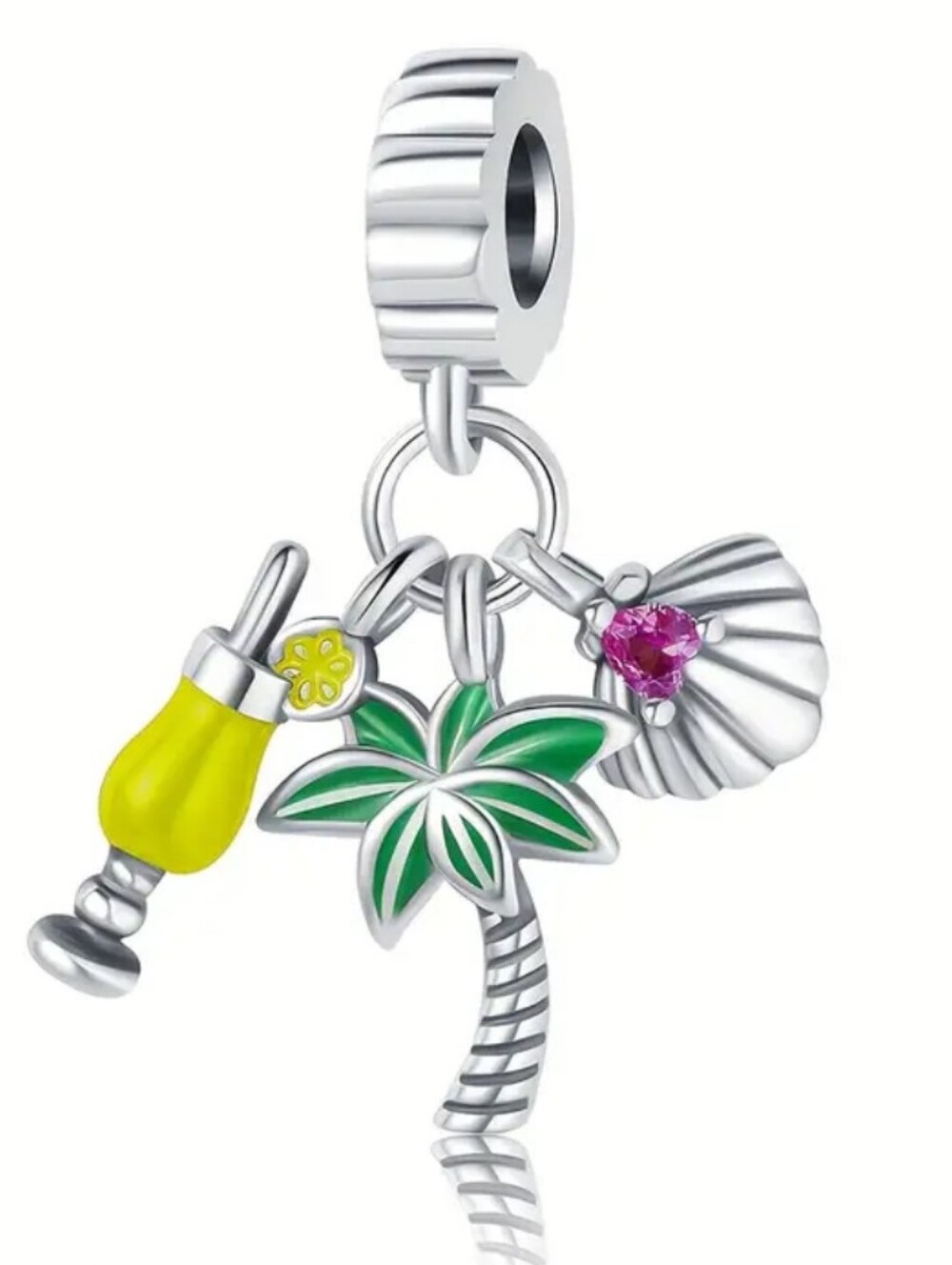Silver Tropical Palm Tree & Shell Charm Dangle with Yellow Drink Accent